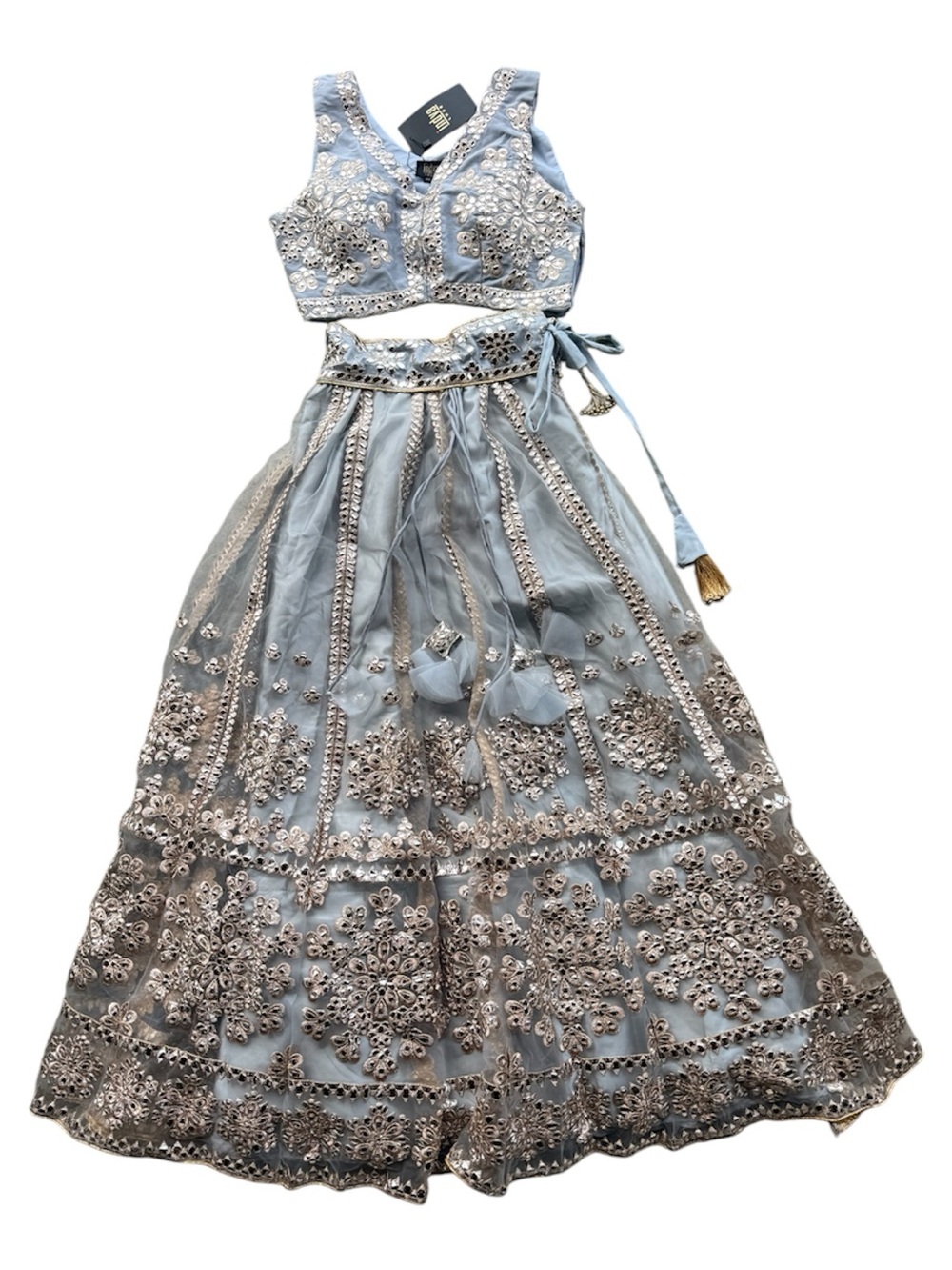 Indya Luxe Women’s XS Blue Silver 2-Pc Formal Embroidered Mirror Mesh Top Skirt